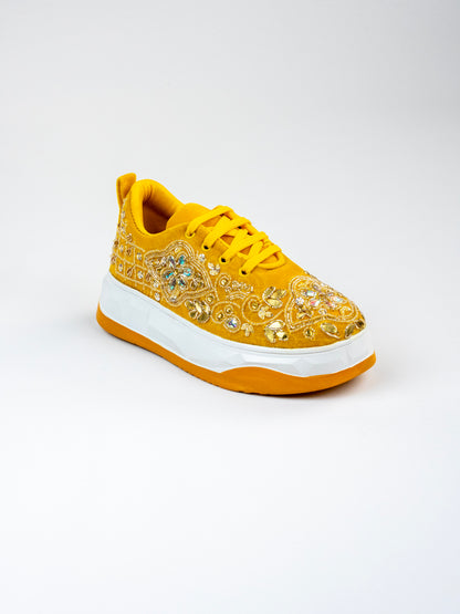 Bahar, Mustard Velvet Crystal Work Sneakers  – Floral Motifs