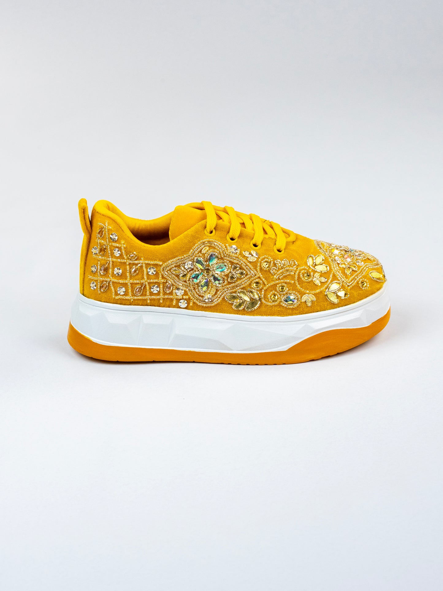 Bahar, Mustard Velvet Crystal Work Sneakers  – Floral Motifs