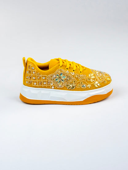 Bahar, Mustard Velvet Crystal Work Sneakers  – Floral Motifs