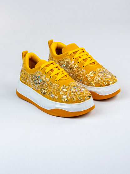 Bahar, Mustard Velvet Crystal Work Sneakers  – Floral Motifs
