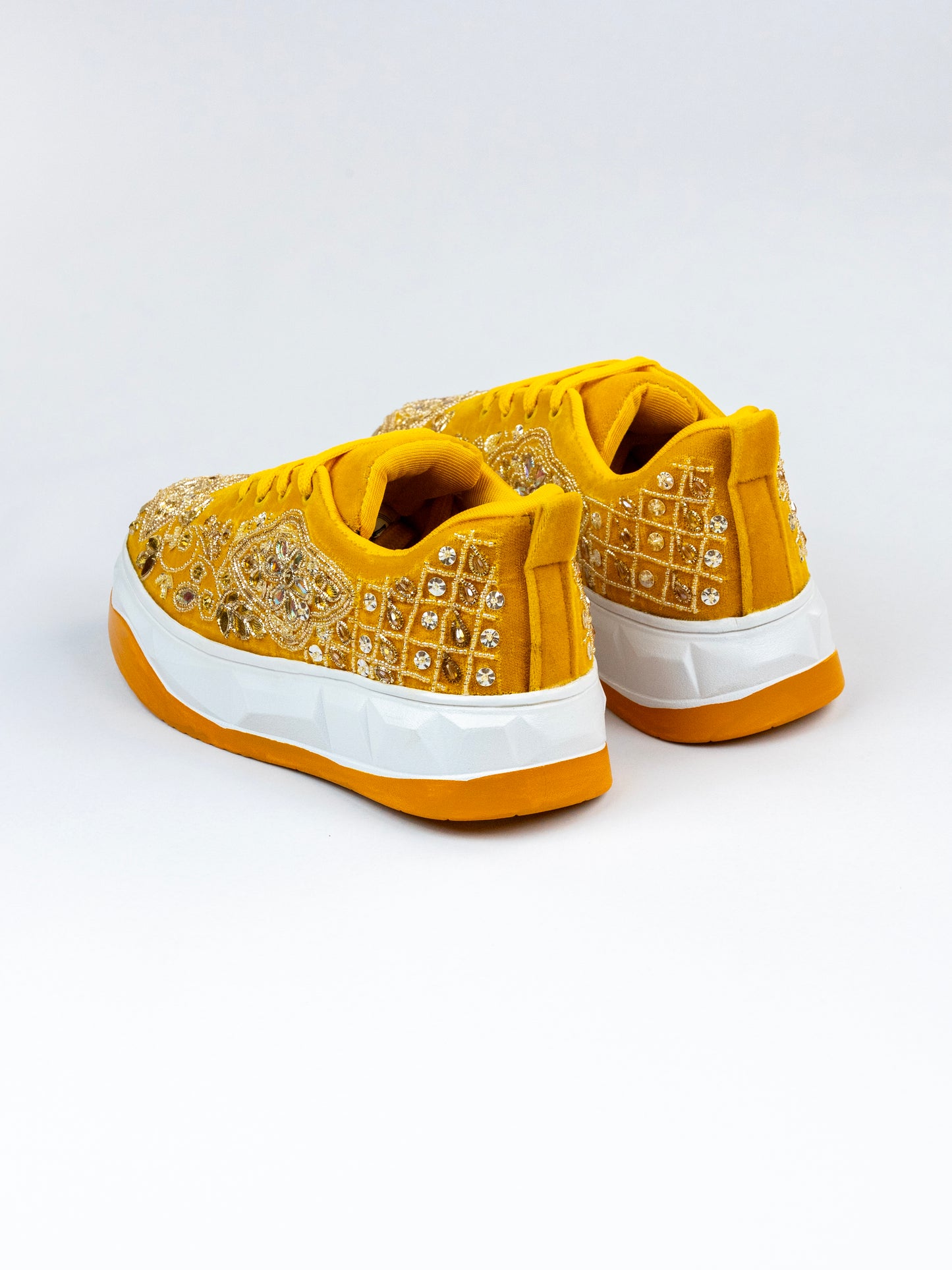 Bahar, Mustard Velvet Crystal Work Sneakers  – Floral Motifs