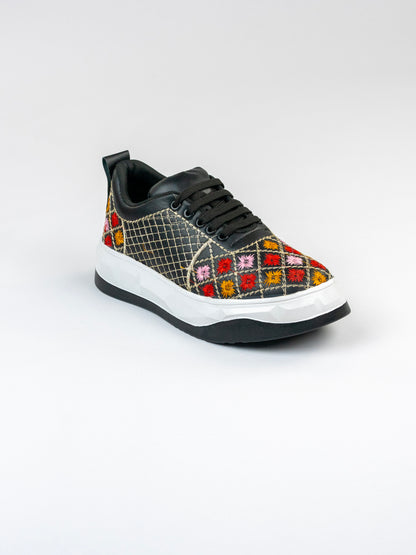 Black Royale, Glossy Embroidered Sneakers – Multicolour Phool Jaal Design