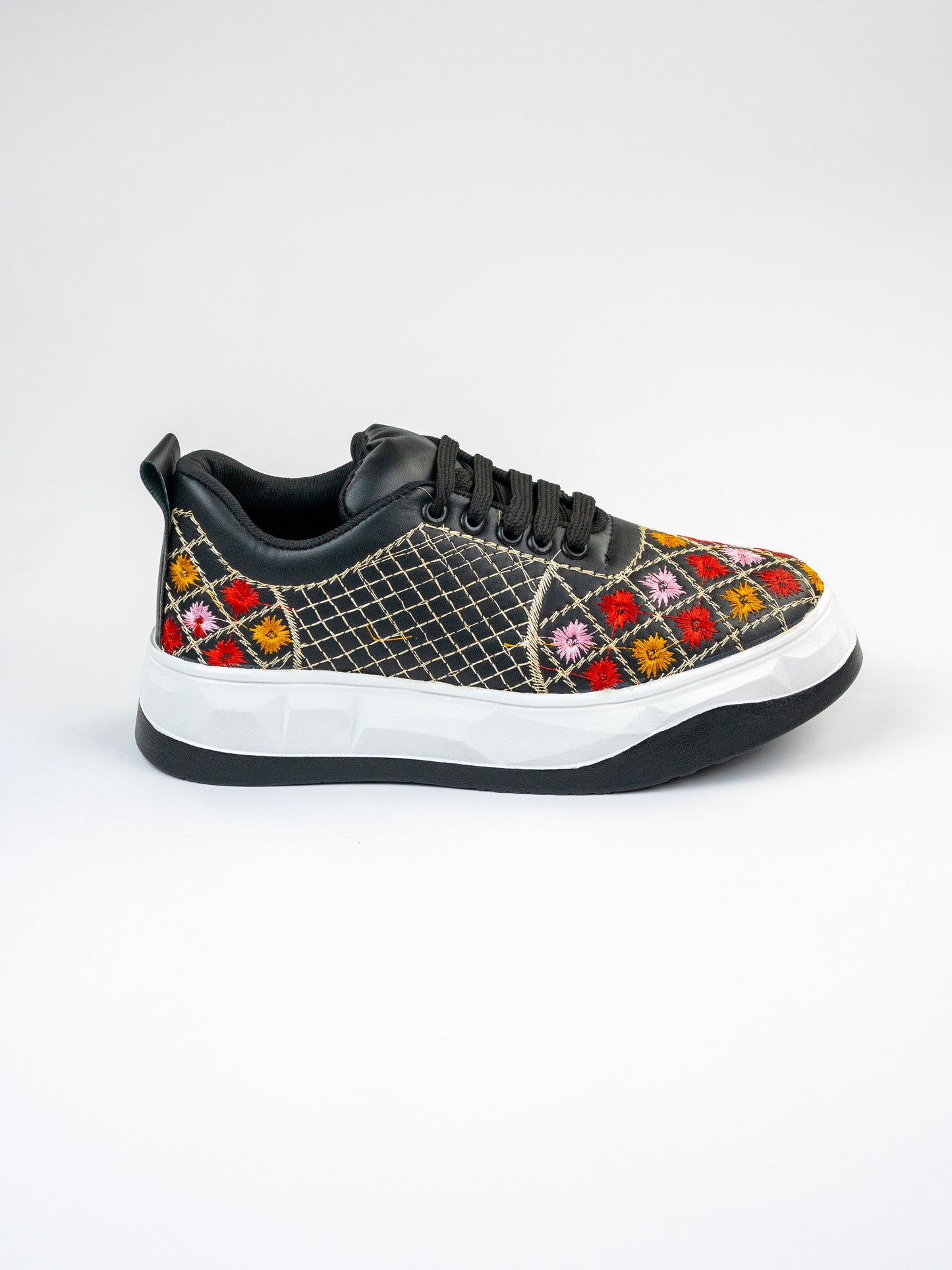 Black Royale, Glossy Embroidered Sneakers – Multicolour Phool Jaal Design