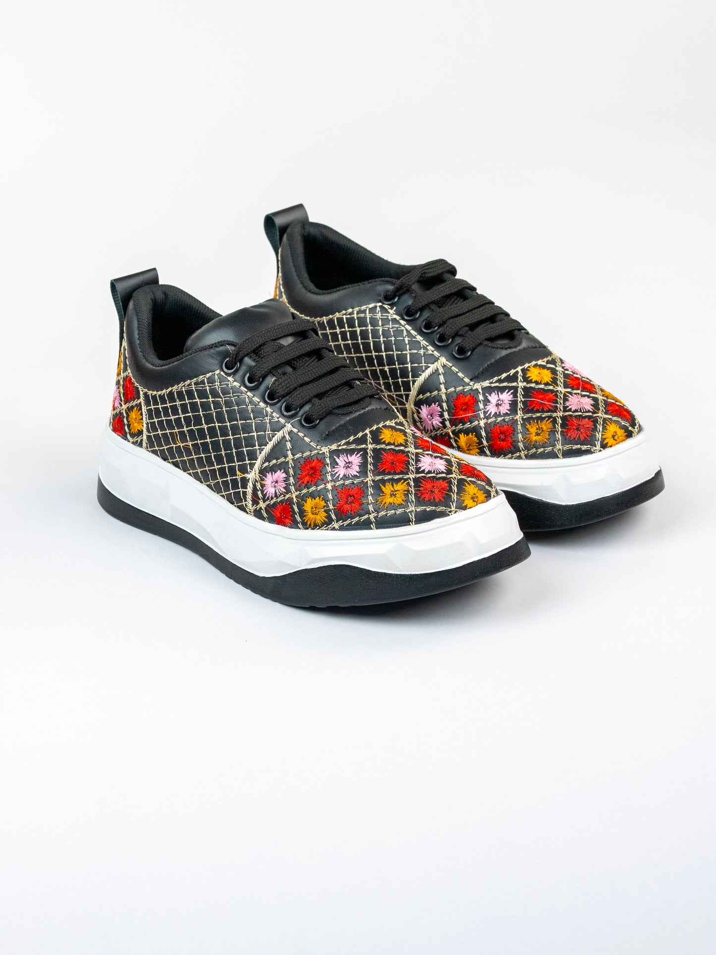 Black Royale, Glossy Embroidered Sneakers – Multicolour Phool Jaal Design
