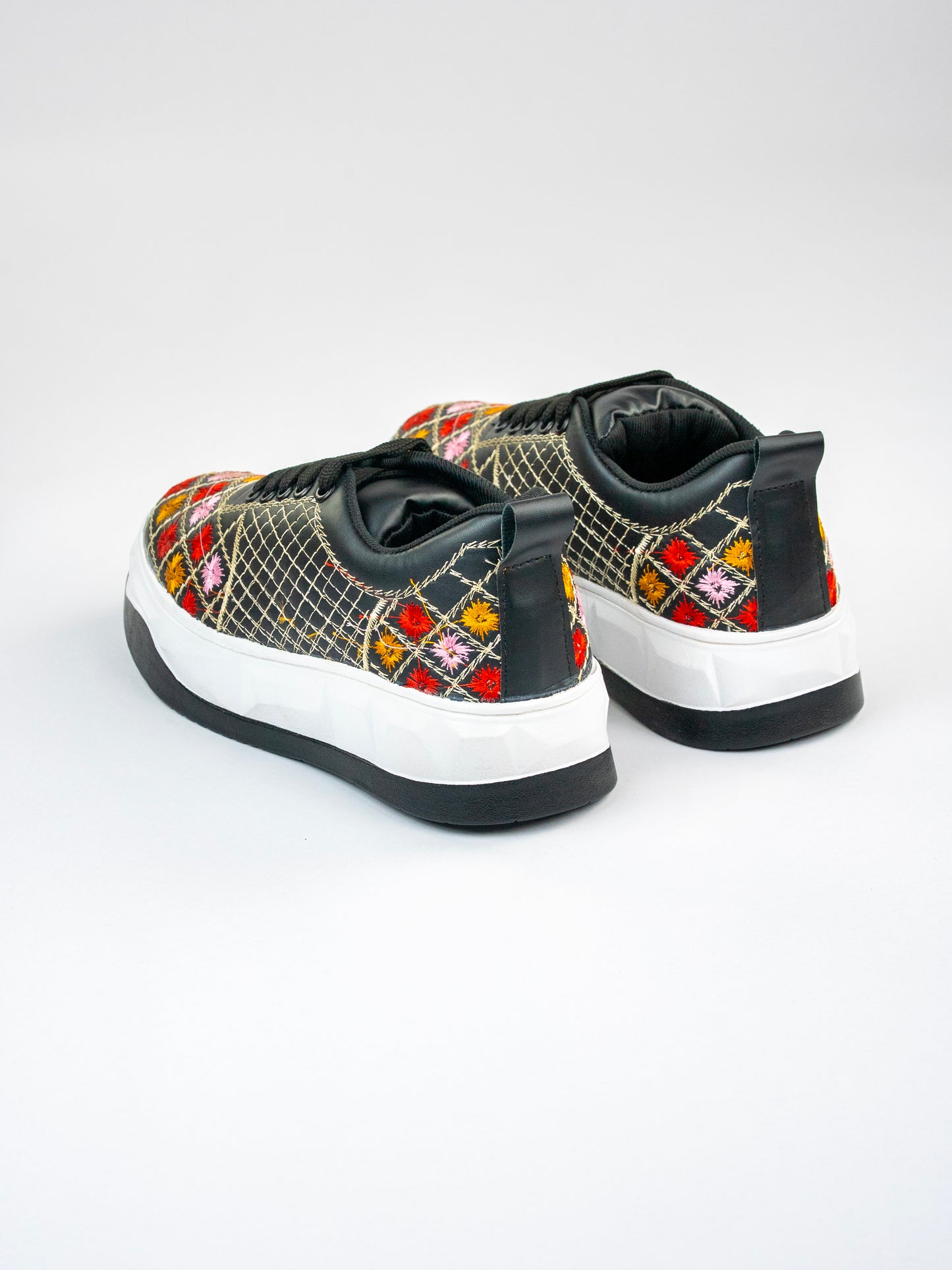 Black Royale, Glossy Embroidered Sneakers – Multicolour Phool Jaal Design