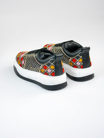 Black Royale, Glossy Embroidered Sneakers – Multicolour Phool Jaal Design
