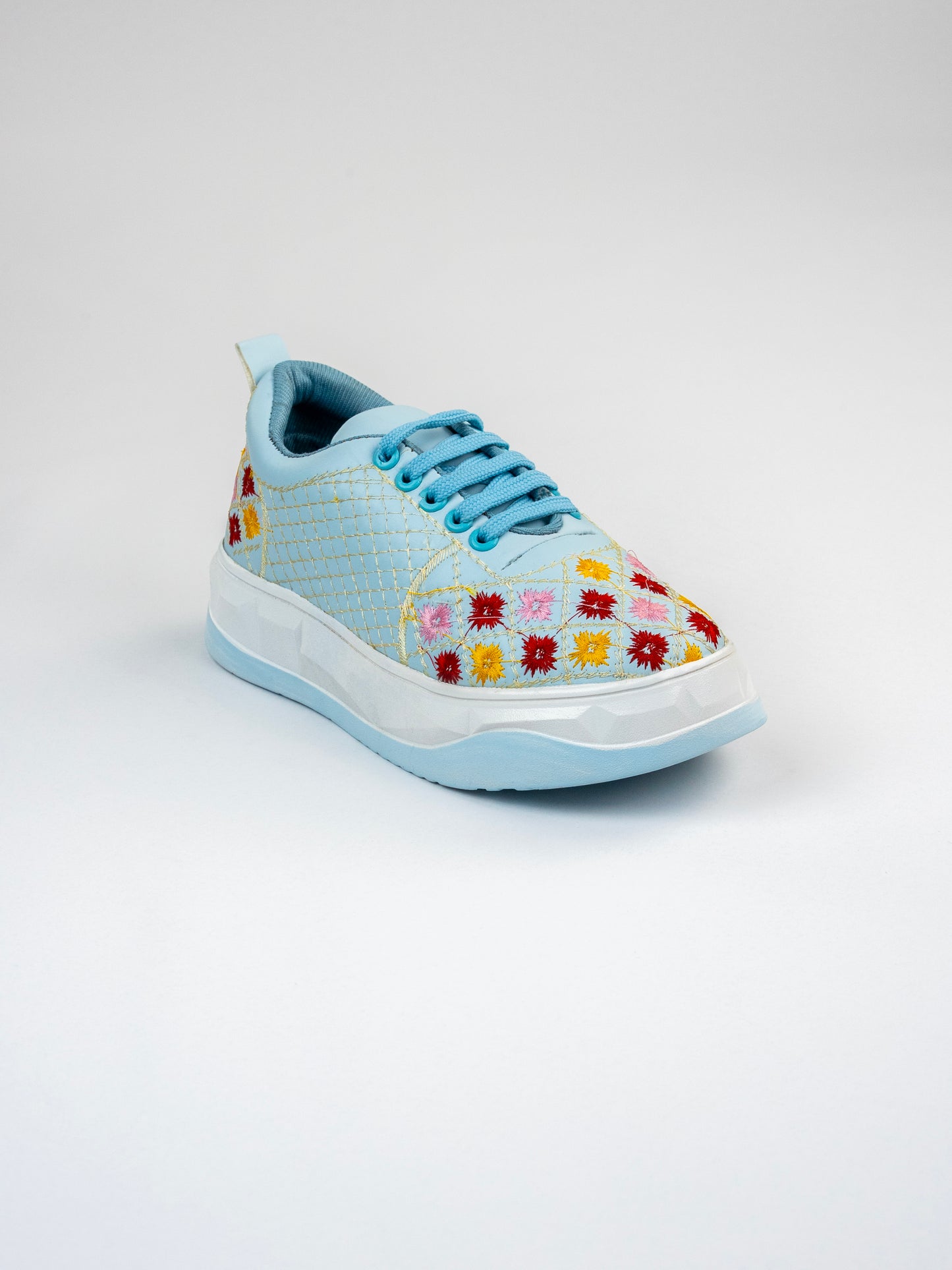 Sky-Blue Glossy Embroidered Sneakers – Multicolour Phool Jaal Design