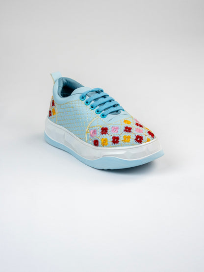 Sky-Blue Glossy Embroidered Sneakers – Multicolour Phool Jaal Design