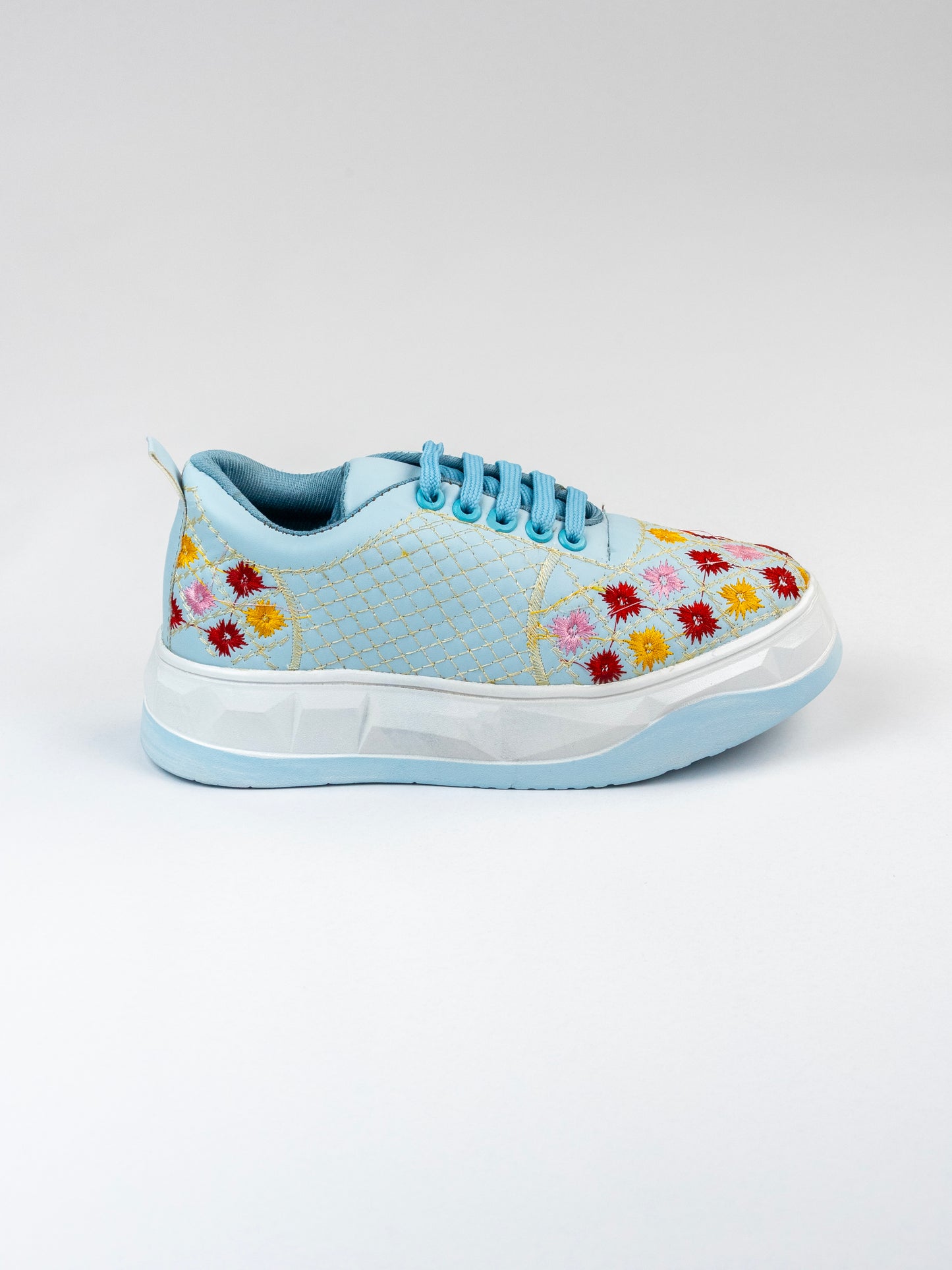Sky-Blue Glossy Embroidered Sneakers – Multicolour Phool Jaal Design