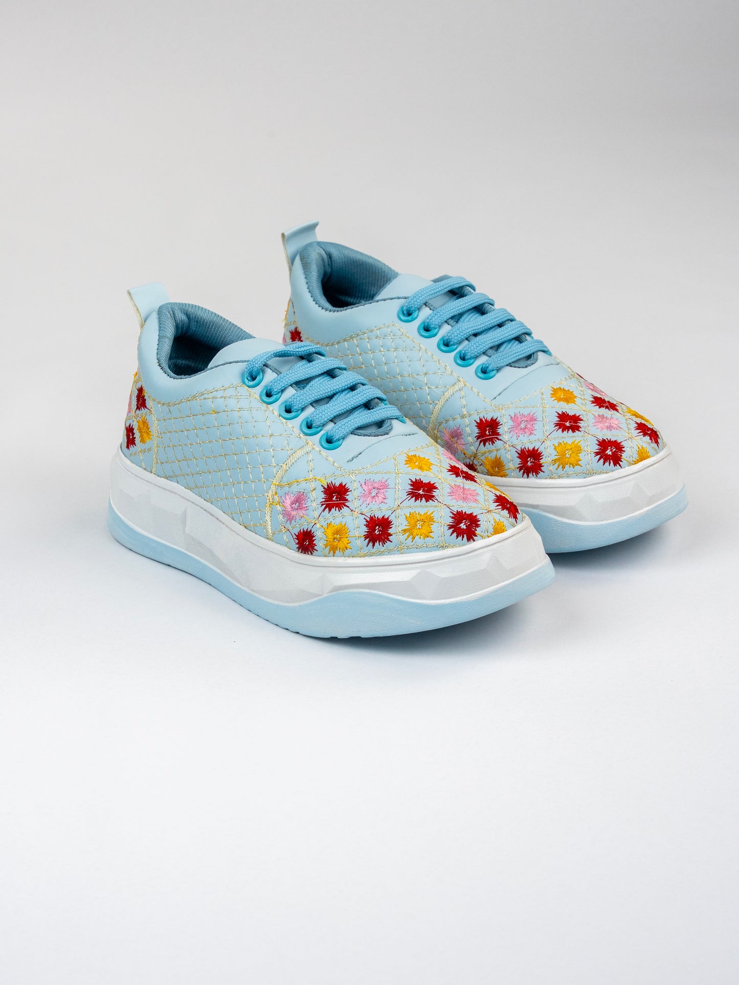 Sky-Blue Glossy Embroidered Sneakers – Multicolour Phool Jaal Design
