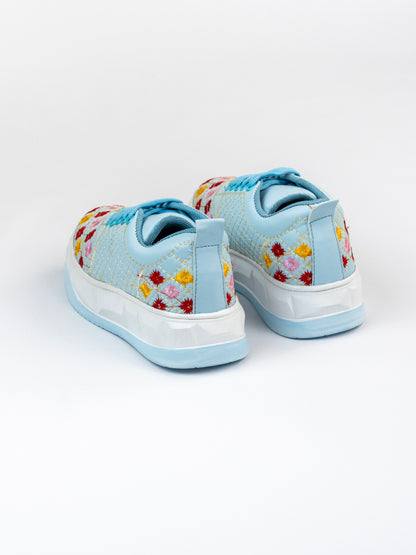 Sky-Blue Glossy Embroidered Sneakers – Multicolour Phool Jaal Design