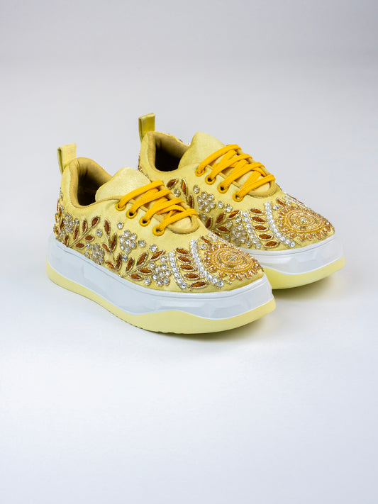 Raunaq, Lemon Yellow Satin Sneakers – Golden Mandala Bloom
