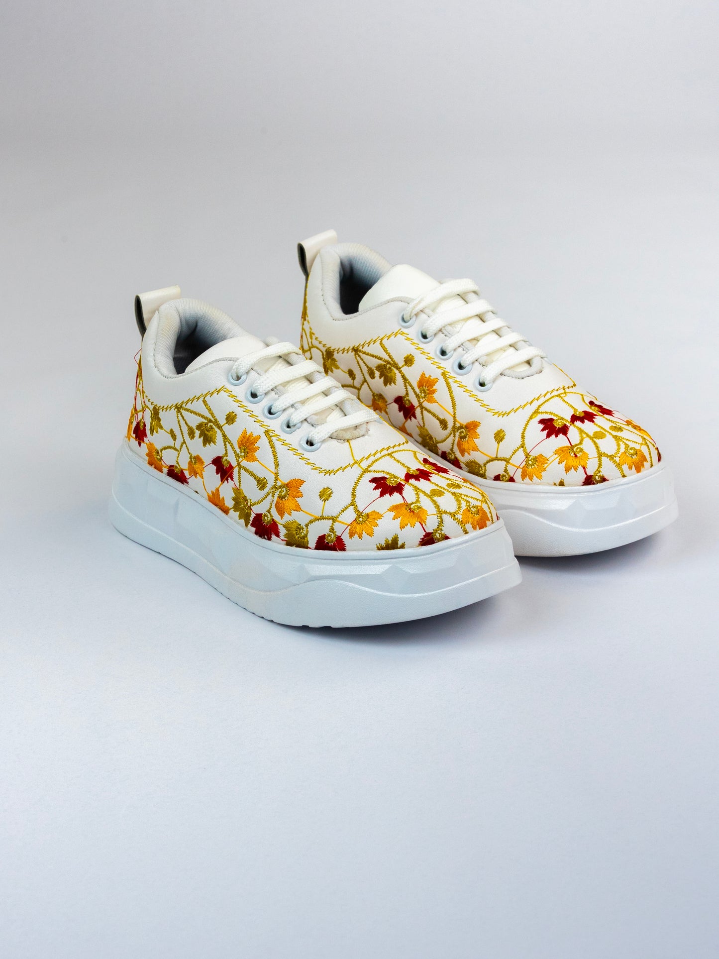 White Blossom-Floral Embroidery In Maroon, Mustard Yellow And Antique Gold Threads