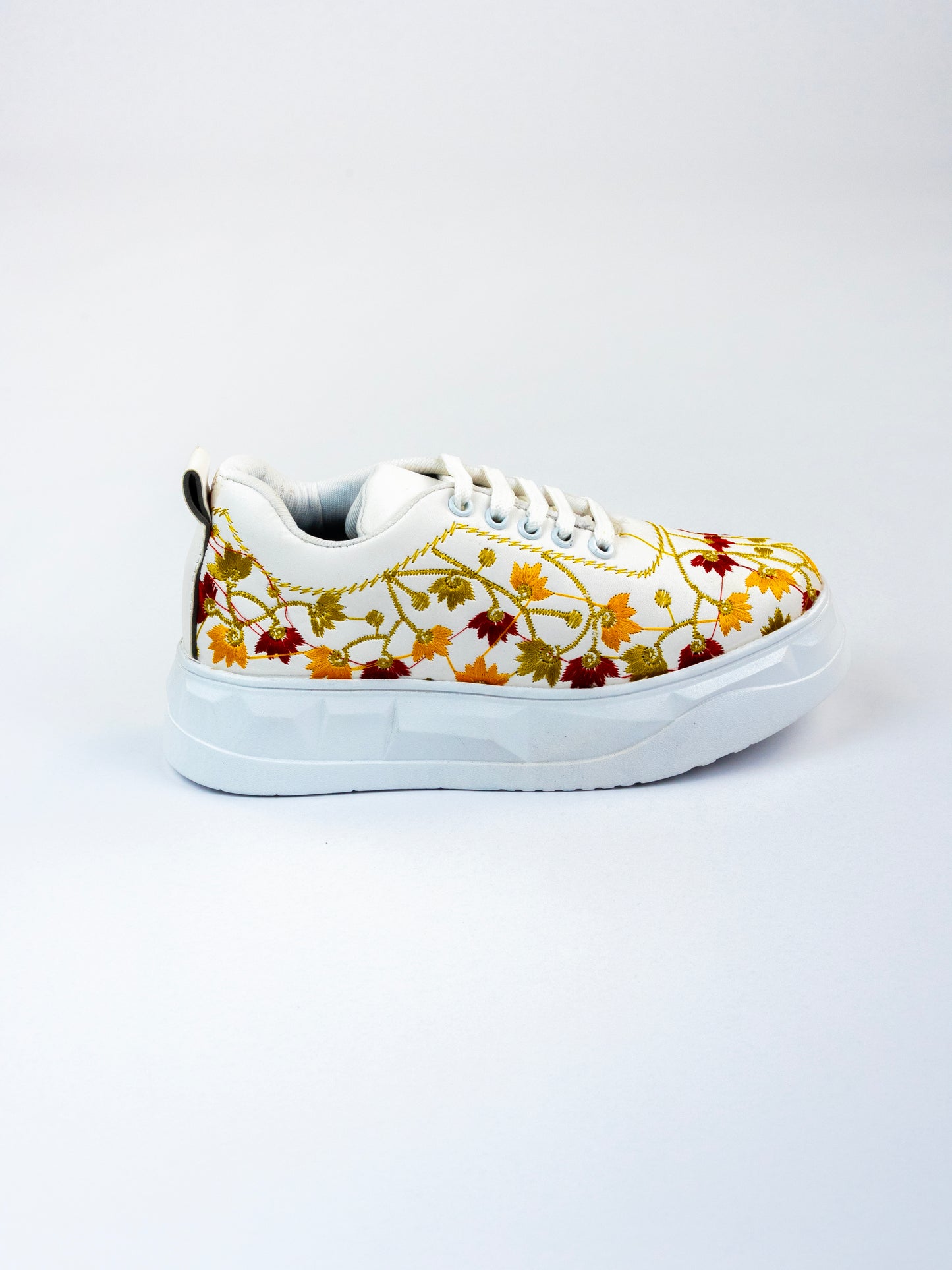 White Blossom-Floral Embroidery In Maroon, Mustard Yellow And Antique Gold Threads