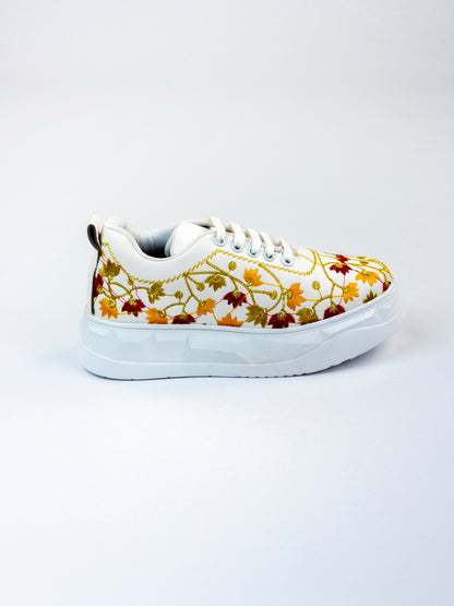 White Blossom-Floral Embroidery In Maroon, Mustard Yellow And Antique Gold Threads