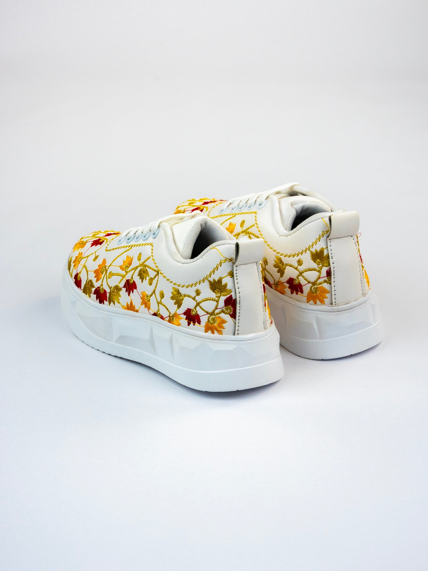 White Blossom-Floral Embroidery In Maroon, Mustard Yellow And Antique Gold Threads