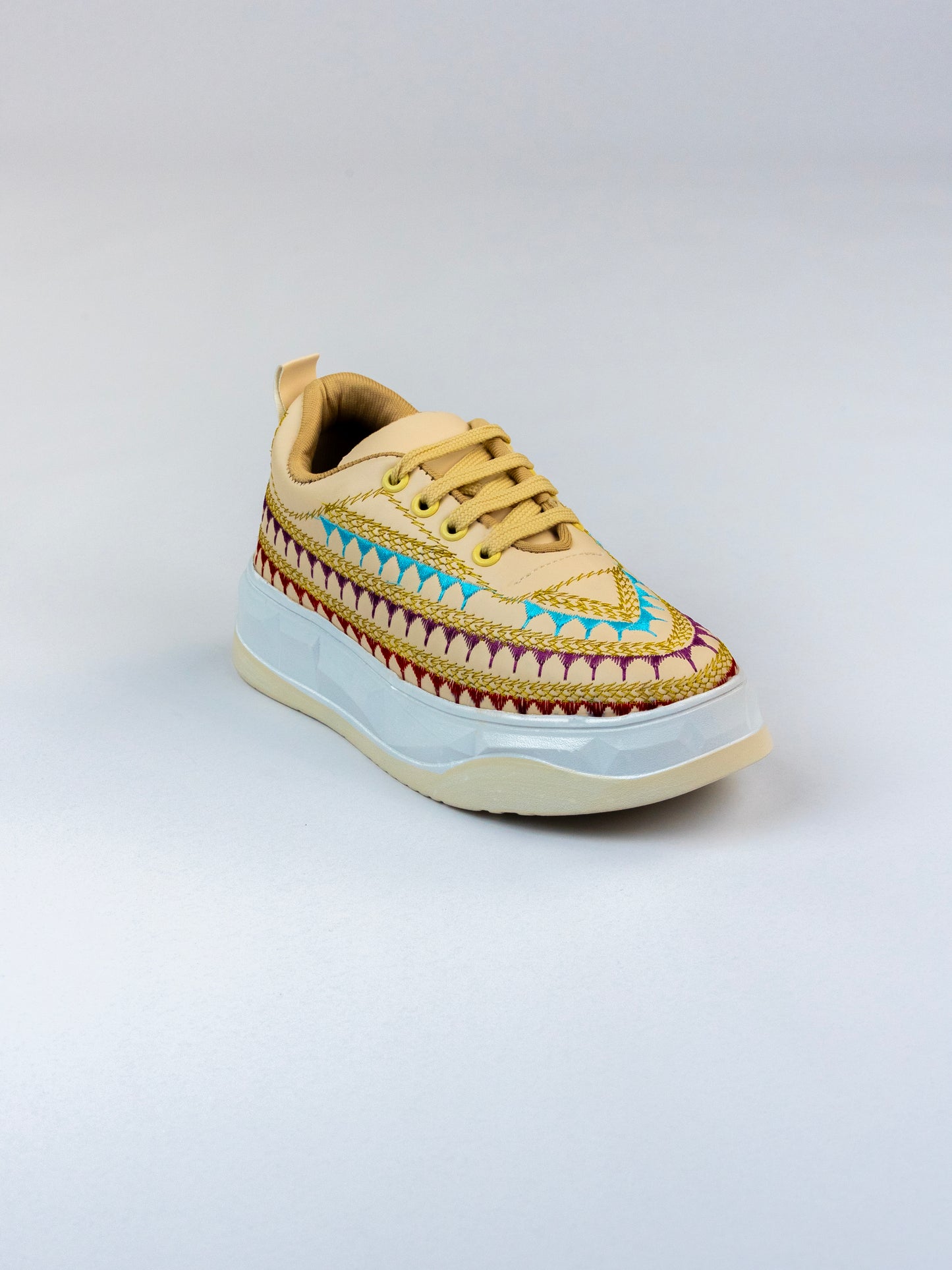 Cream Ivory Aura Hand-Embroidered Sneakers-Multicolour Thread Embroidery Turquoise Blue, Royal Purple, Deep Red, And Antique Gold