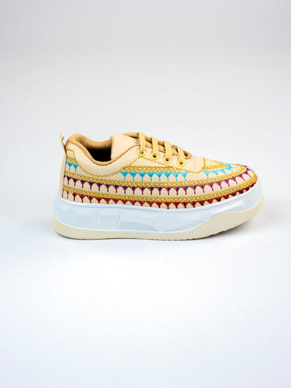Cream Ivory Aura Hand-Embroidered Sneakers-Multicolour Thread Embroidery Turquoise Blue, Royal Purple, Deep Red, And Antique Gold