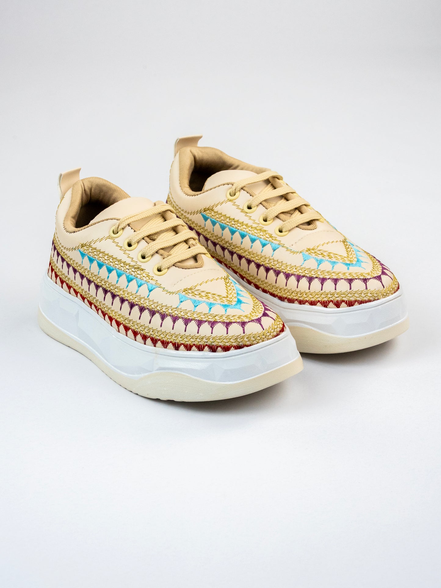 Cream Ivory Aura Hand-Embroidered Sneakers-Multicolour Thread Embroidery Turquoise Blue, Royal Purple, Deep Red, And Antique Gold