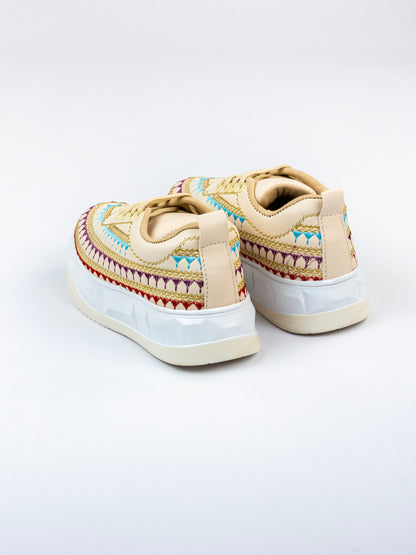 Cream Ivory Aura Hand-Embroidered Sneakers-Multicolour Thread Embroidery Turquoise Blue, Royal Purple, Deep Red, And Antique Gold