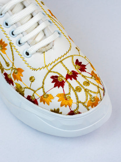 White Blossom-Floral Embroidery In Maroon, Mustard Yellow And Antique Gold Threads