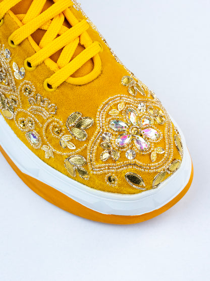 Bahar, Mustard Velvet Crystal Work Sneakers  – Floral Motifs