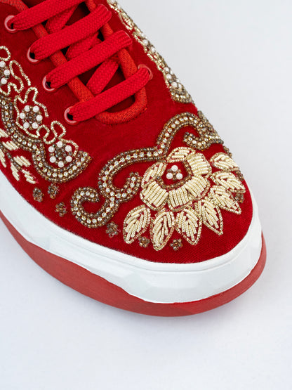 Jhalak, Embellished Red Velvet Sneaker – Belpatti Work, Stones & Zari Detailing