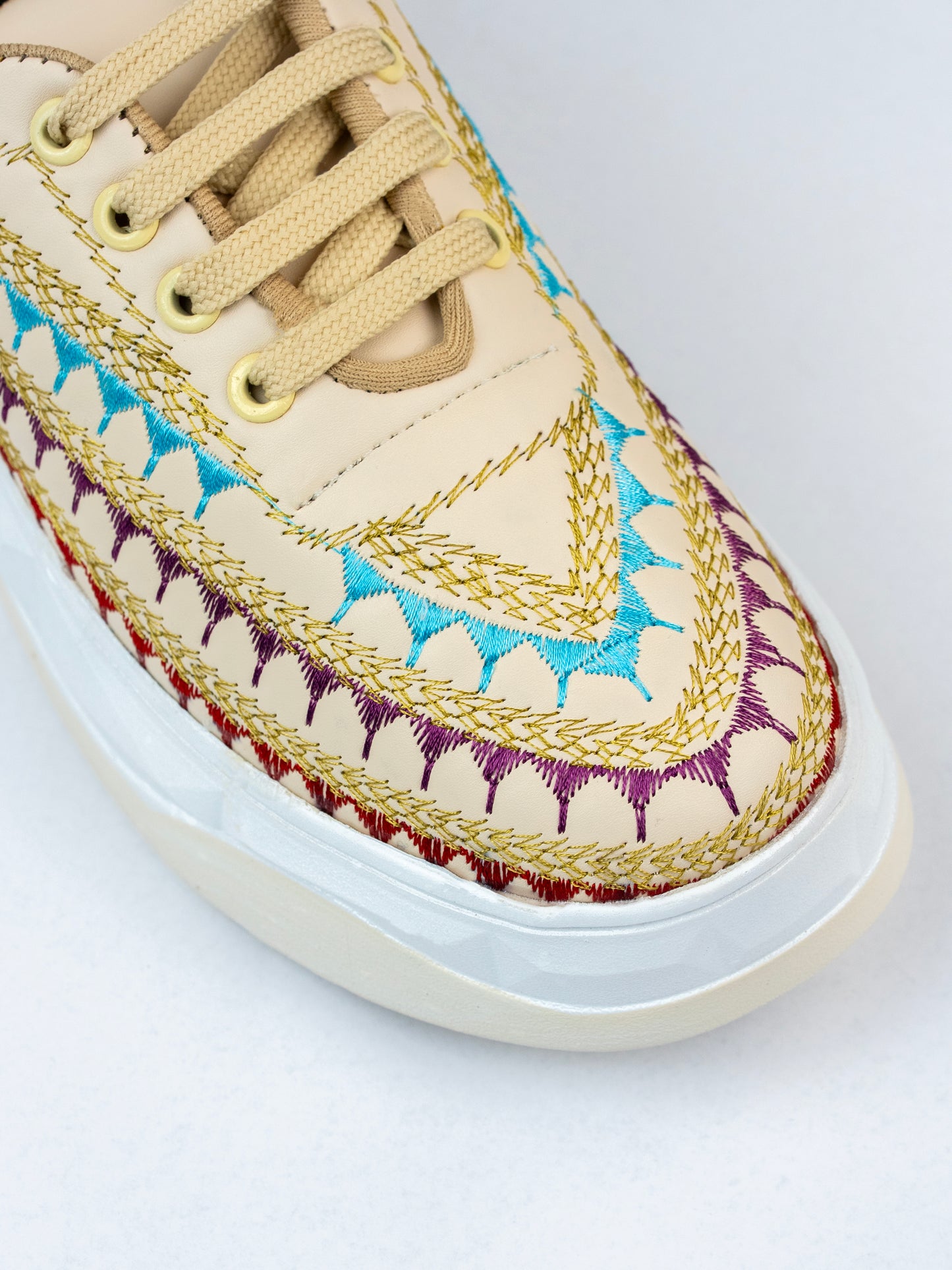Cream Ivory Aura Hand-Embroidered Sneakers-Multicolour Thread Embroidery Turquoise Blue, Royal Purple, Deep Red, And Antique Gold