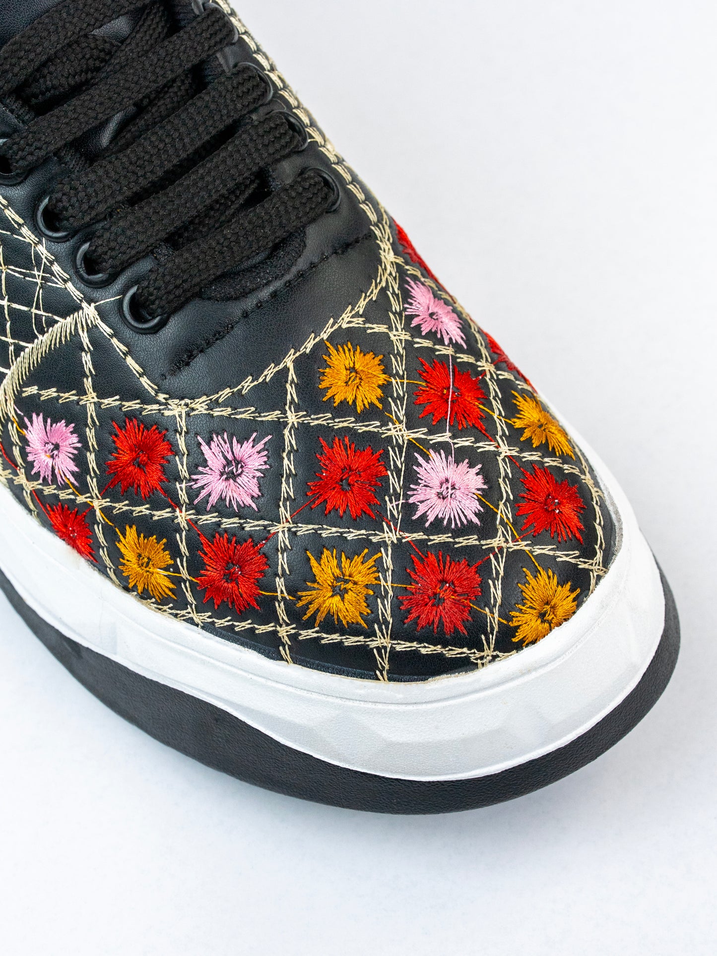 Black Royale, Glossy Embroidered Sneakers – Multicolour Phool Jaal Design