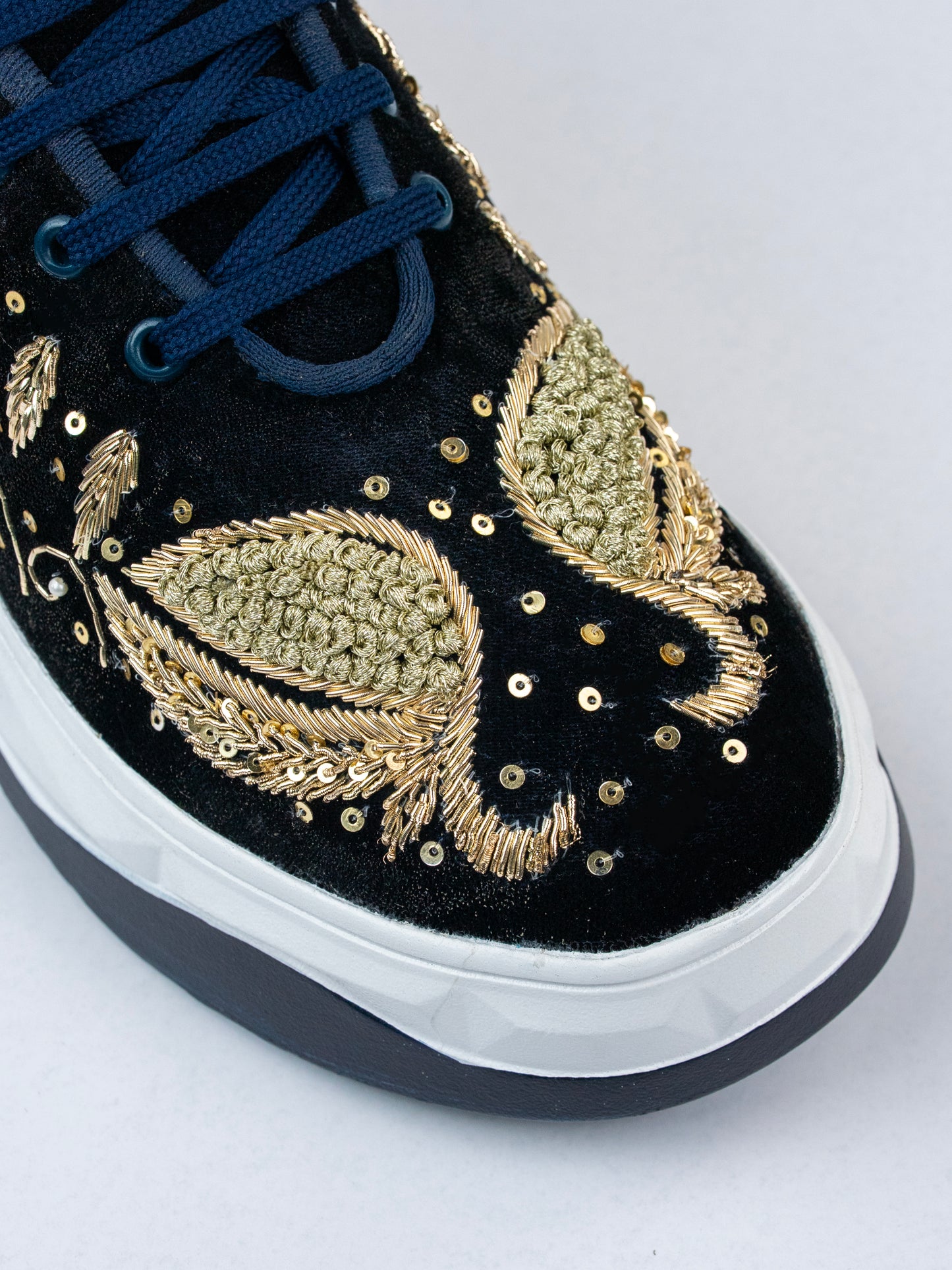 Morni, Dark Navy Blue Velvet Sneakers – Peacock Design, Golden Zari Work.