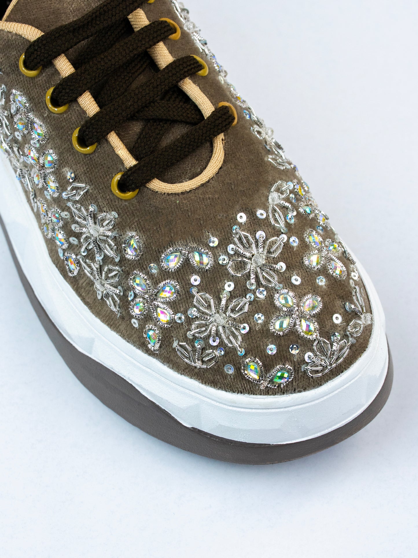 Chamak, Nude Light Brown Velvet Sneakers Crystal & Zari Work