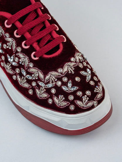Chandni, Dark Maroon Velvet Sneakers – Silver Stone & Zari Work