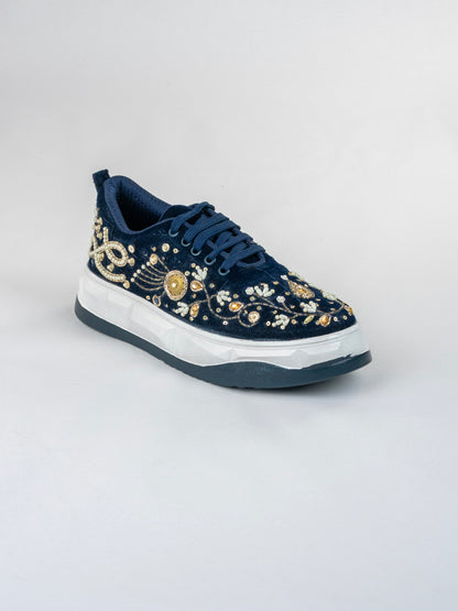 Navy Gold Blossom, Handwork Velvet Sneakers, – Pearls, Stones & Copper Kardana