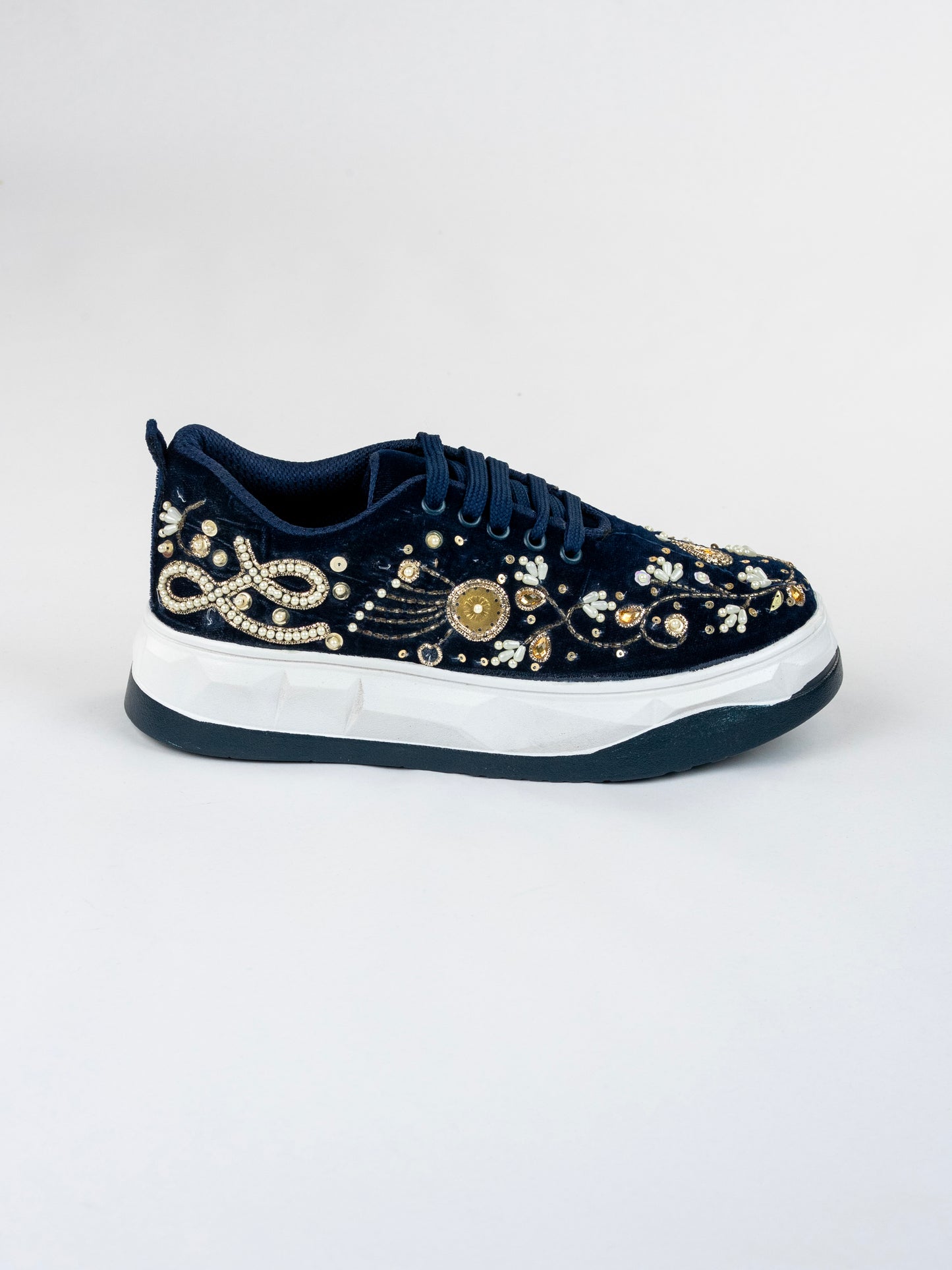Navy Gold Blossom, Handwork Velvet Sneakers, – Pearls, Stones & Copper Kardana