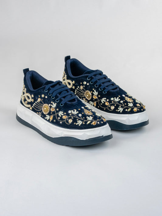 Navy Gold Blossom, Handwork Velvet Sneakers, – Pearls, Stones & Copper Kardana