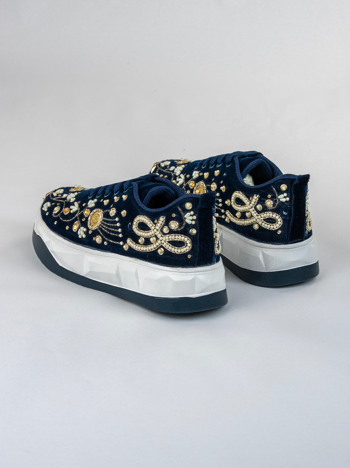 Navy Gold Blossom, Handwork Velvet Sneakers, – Pearls, Stones & Copper Kardana