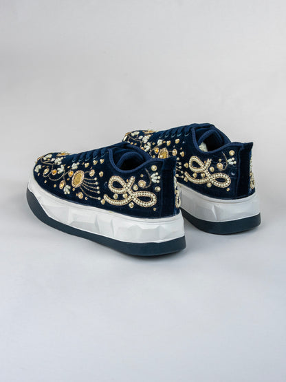 Navy Gold Blossom, Handwork Velvet Sneakers, – Pearls, Stones & Copper Kardana