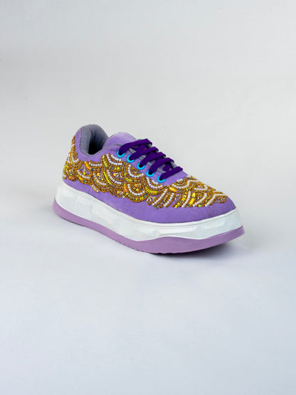 Lavender pearl Wave, Designer Velvet Sneakers –  Peacock flow & Bead Handwork