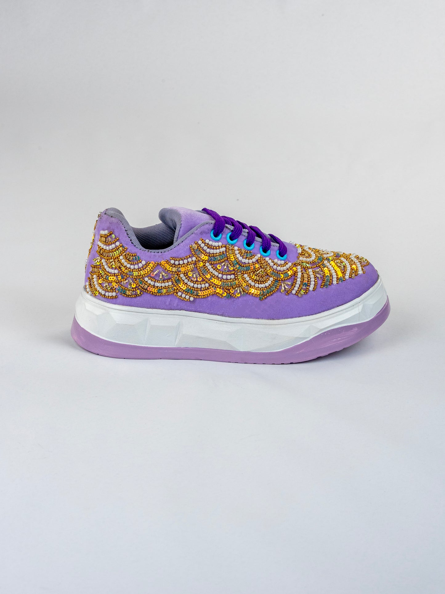 Lavender pearl Wave, Designer Velvet Sneakers –  Peacock flow & Bead Handwork