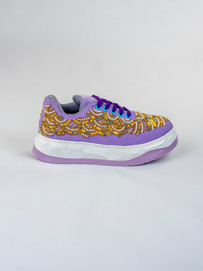 Lavender pearl Wave, Designer Velvet Sneakers –  Peacock flow & Bead Handwork