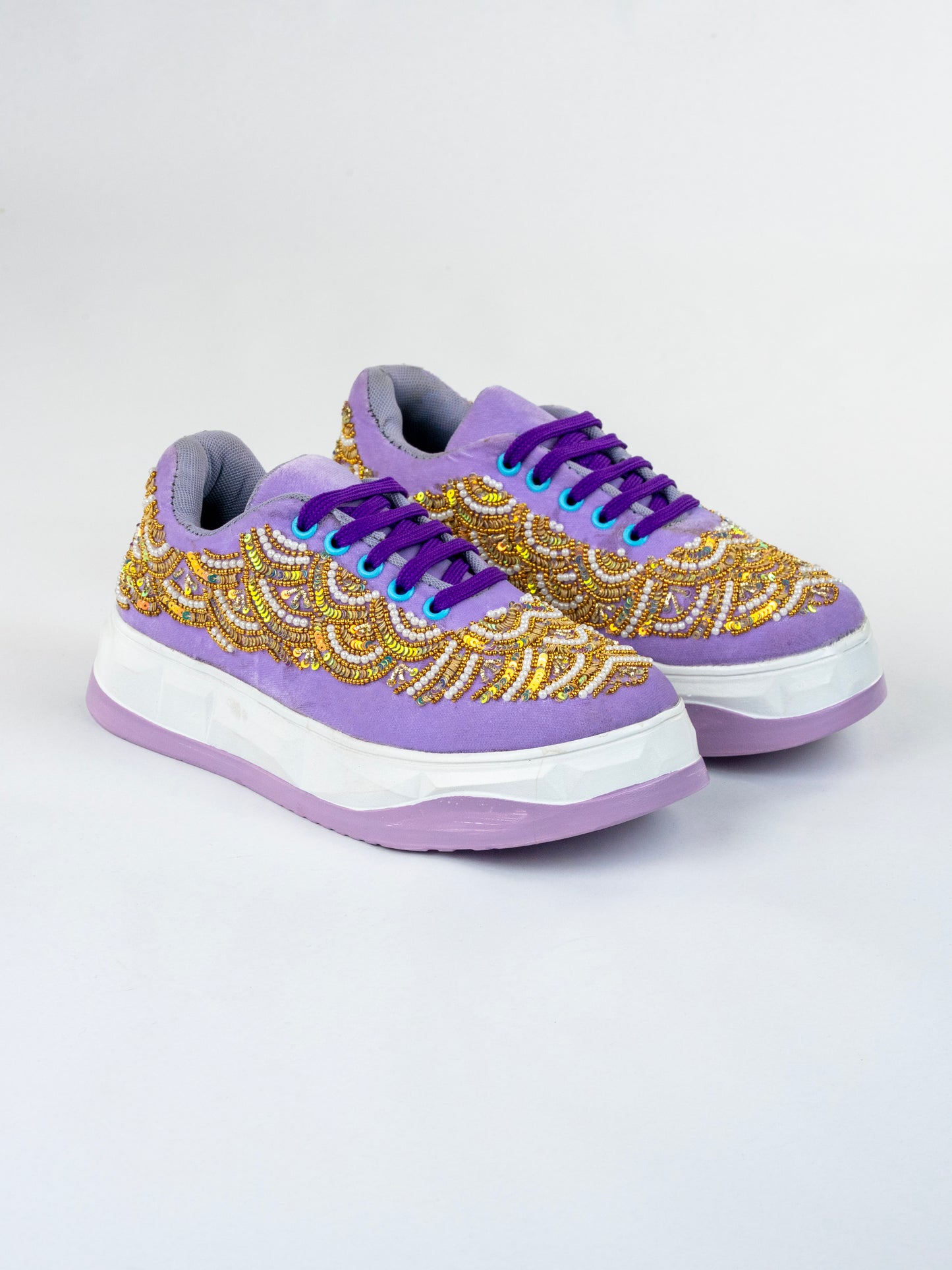 Lavender pearl Wave, Designer Velvet Sneakers –  Peacock flow & Bead Handwork