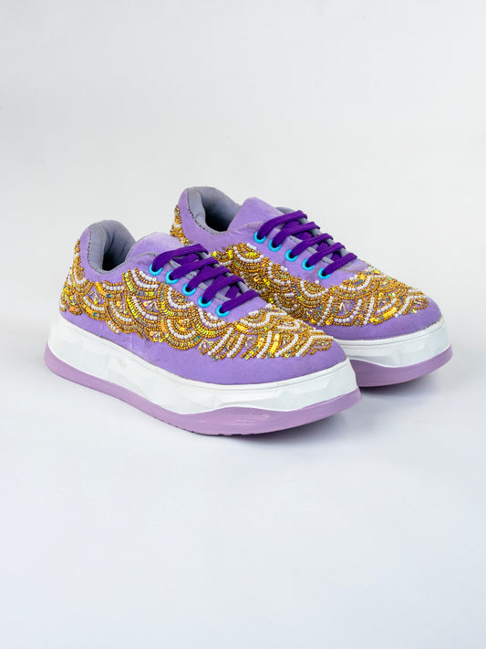Lavender pearl Wave, Designer Velvet Sneakers –  Peacock flow & Bead Handwork
