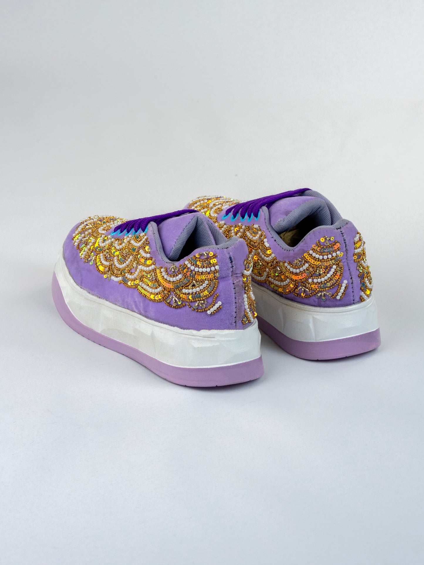 Lavender pearl Wave, Designer Velvet Sneakers –  Peacock flow & Bead Handwork