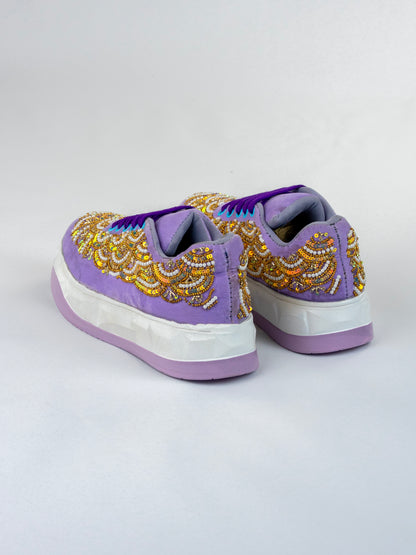 Lavender pearl Wave, Designer Velvet Sneakers –  Peacock flow & Bead Handwork