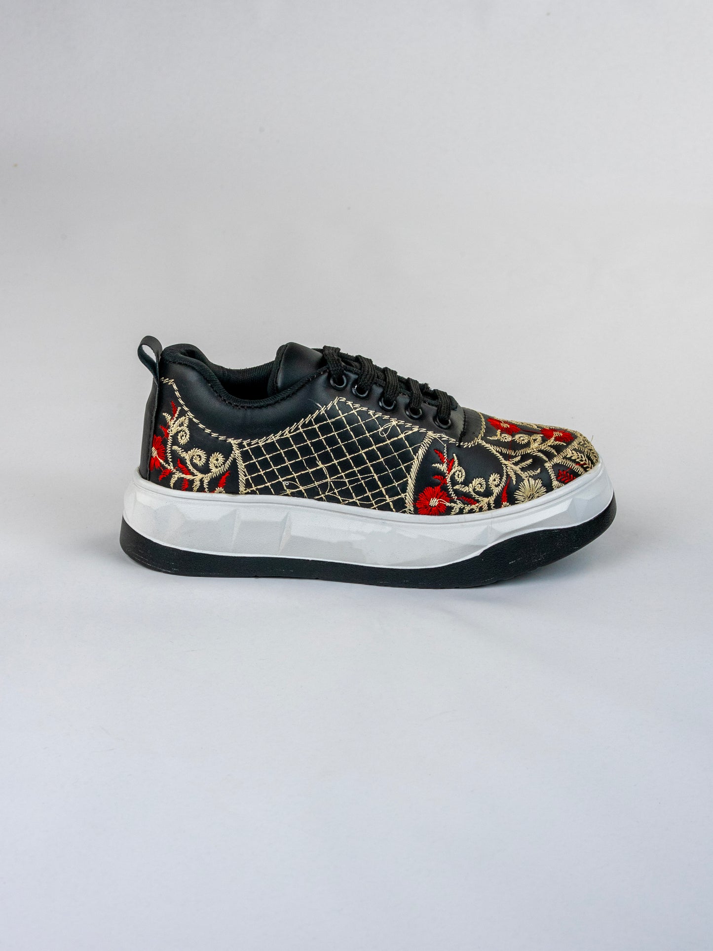 Classic Black Floral-Red And Beige Floral Embroidery