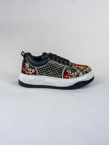 Classic Black Floral-Red And Beige Floral Embroidery