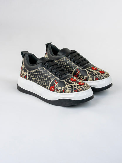 Classic Black Floral-Red And Beige Floral Embroidery