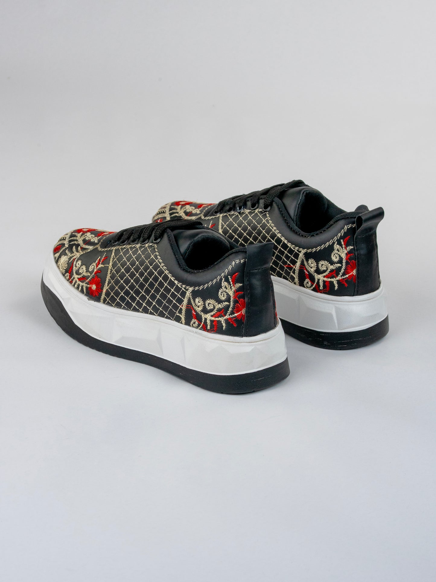 Classic Black Floral-Red And Beige Floral Embroidery