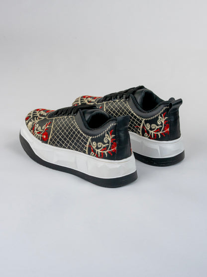 Classic Black Floral-Red And Beige Floral Embroidery