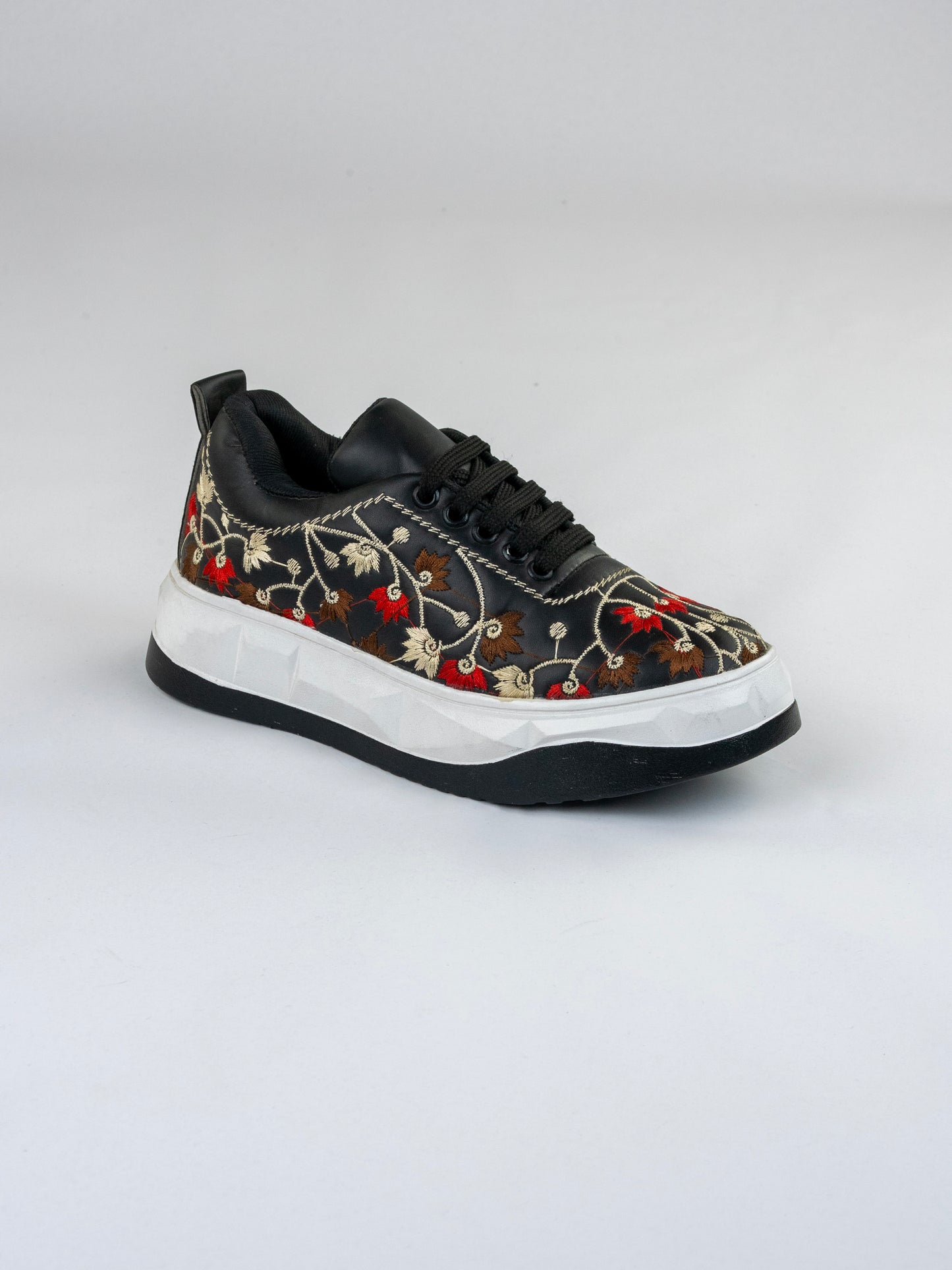 Black Noir Bloom Sneakers-Intricate Floral Embroidery In Red, Brown, And Ivory threads